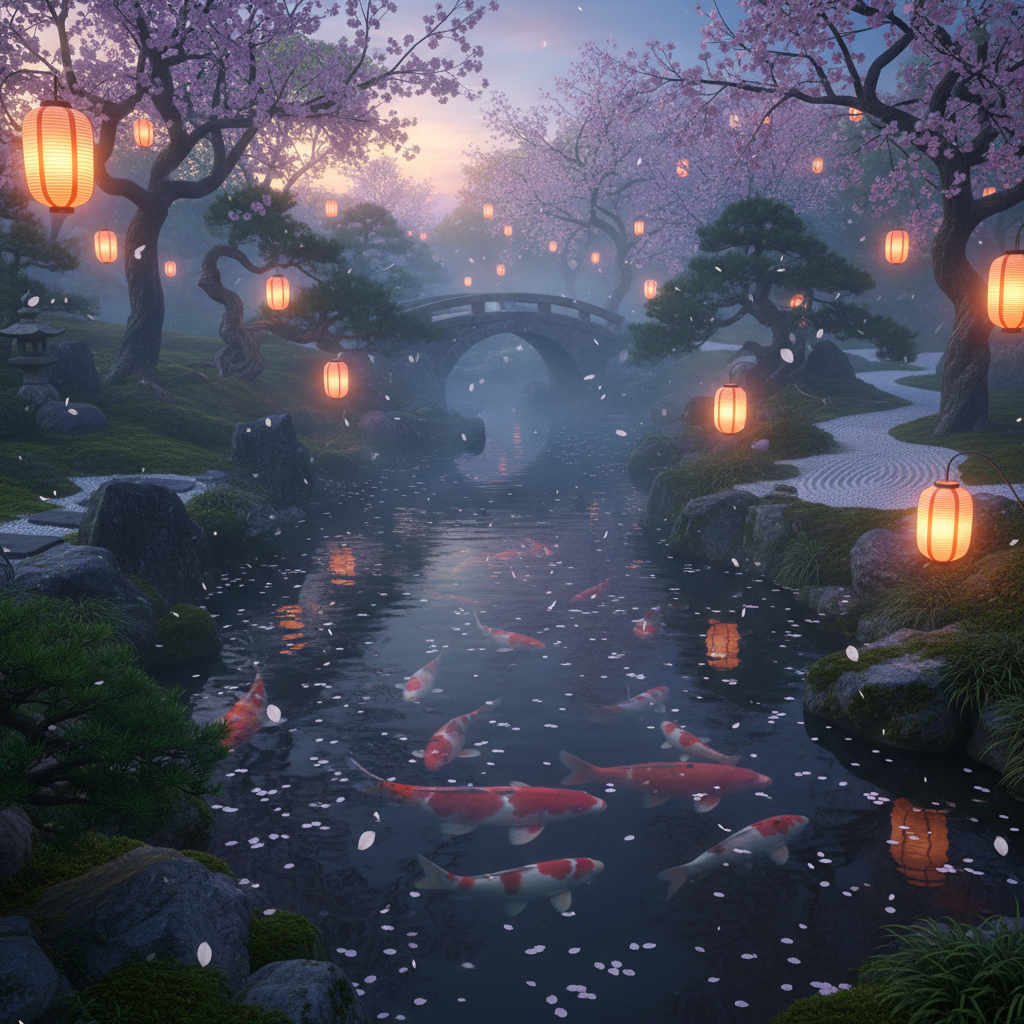 A mystical Japanese garden at twilight, cherry blossoms falling into a koi pond,