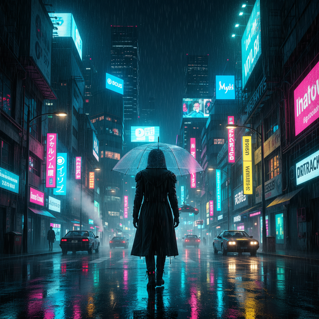 Futuristic neon-lit Tokyo street at night, rain-soaked pavement reflecting color