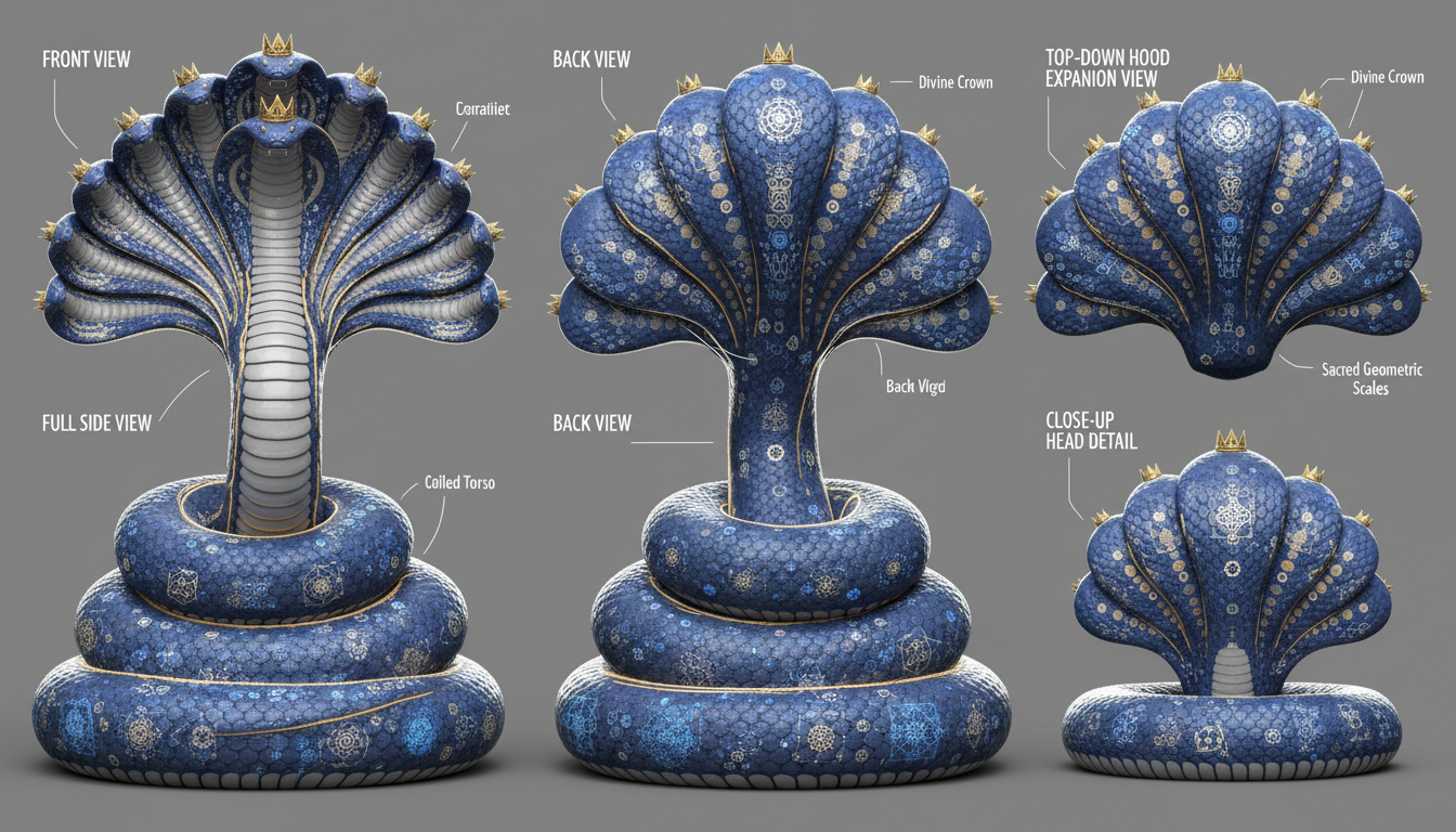A highly detailed character turnaround sheet of Sheshnaag (Ananta Shesha), divin