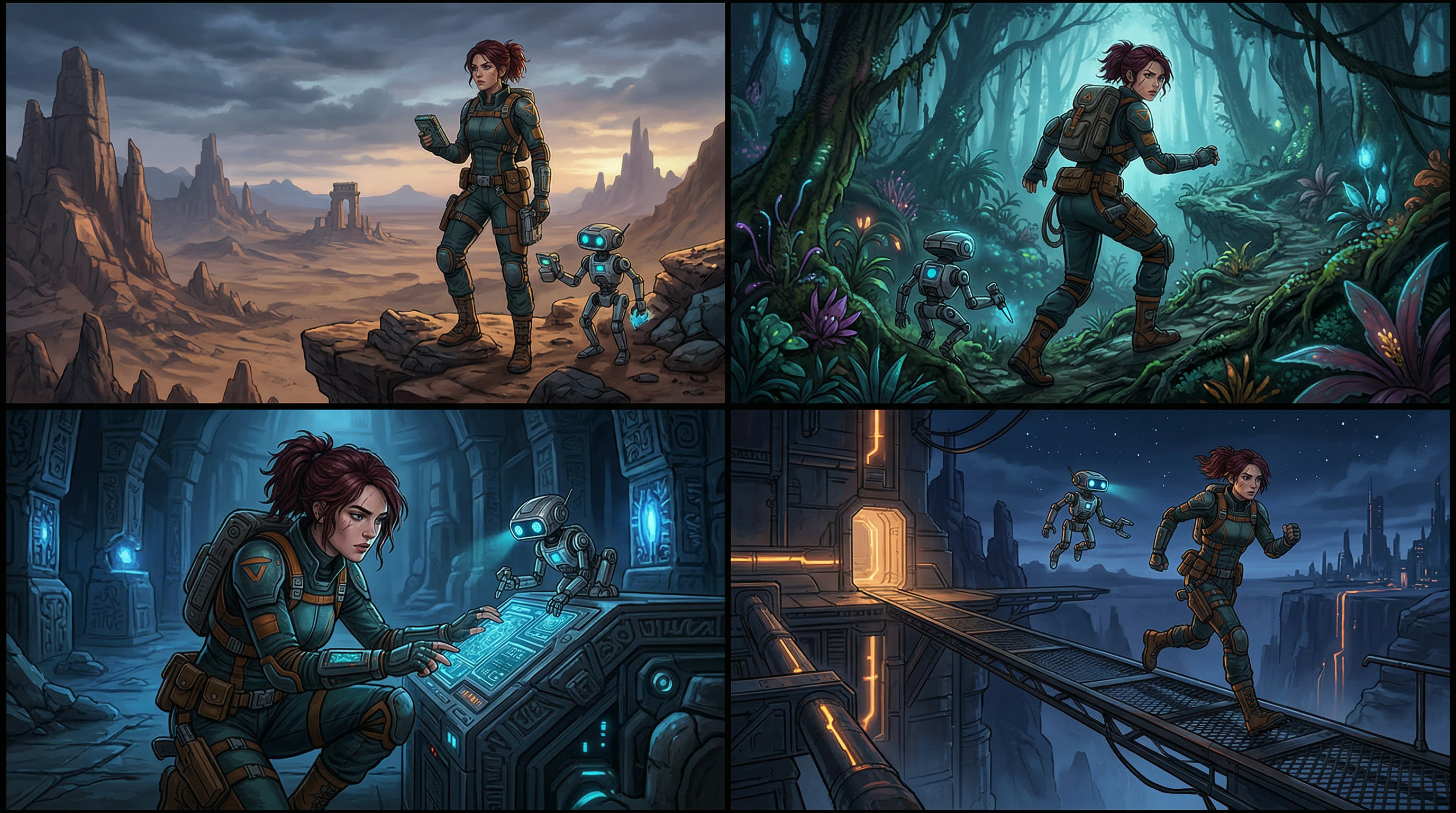 A horizontal four-panel storyboard showing the same female sci-fi explorer in di
