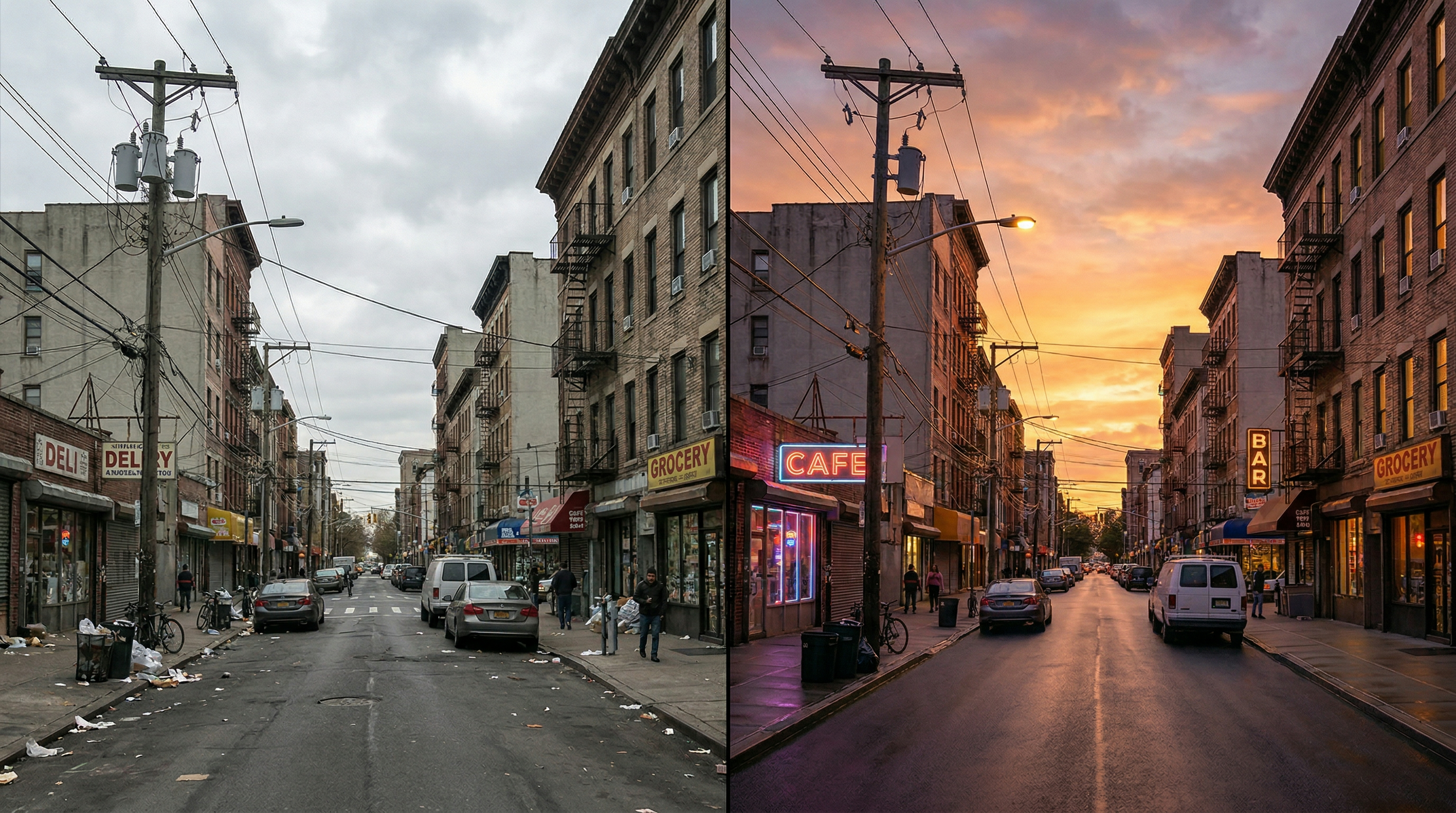 Single-frame before/after editing concept: left side shows a plain urban street