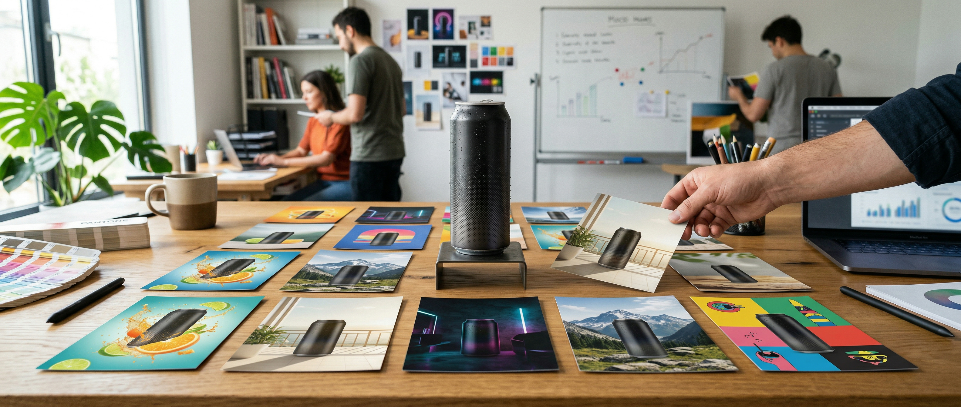 Modern marketing creative workspace featuring one hero beverage can product, sur