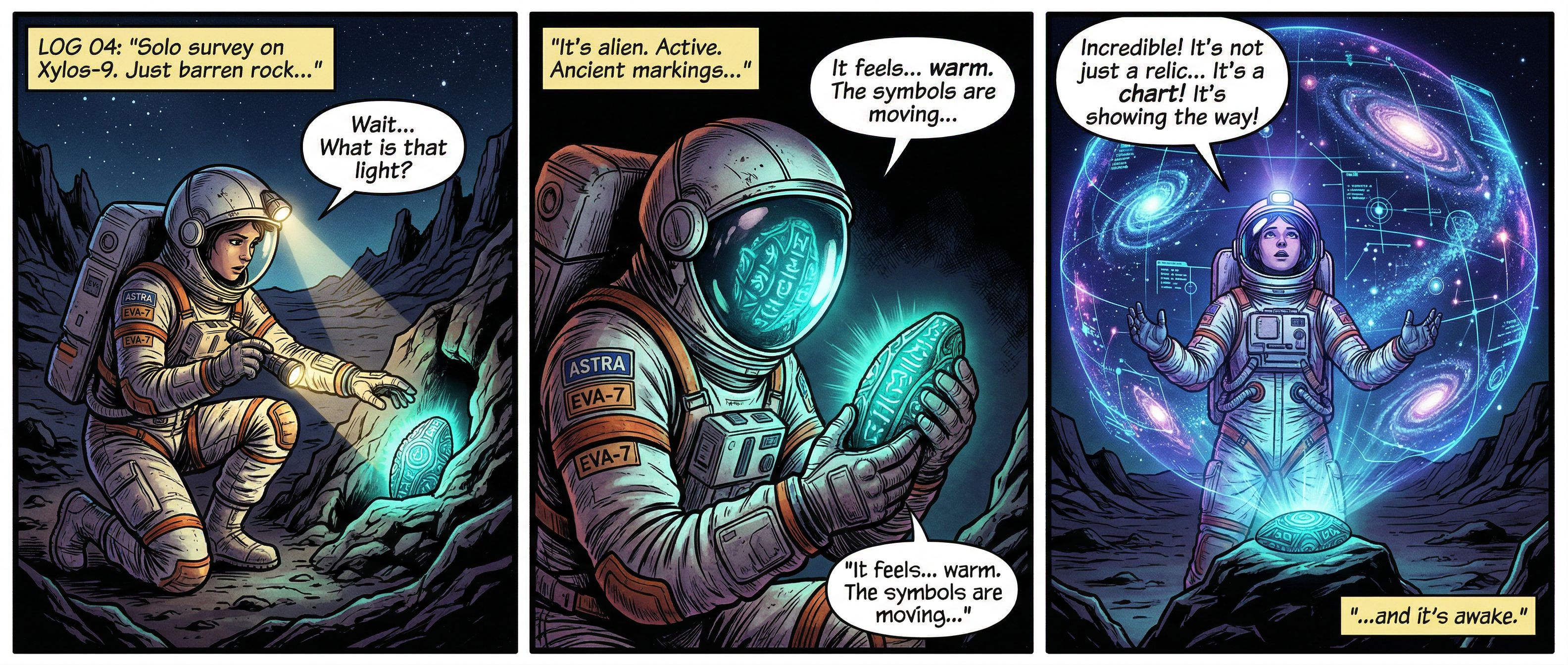 A cinematic horizontal comic strip with 3 panels telling a short sci-fi story: P