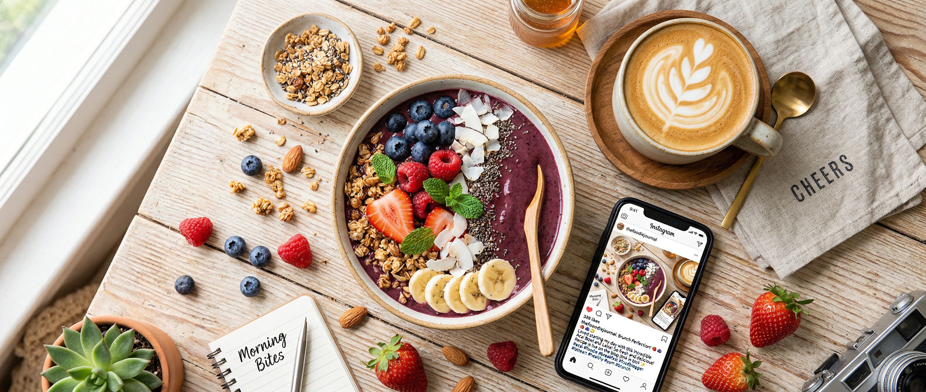 A vibrant, scroll-stopping social media content collage: a food blogger's flat-l