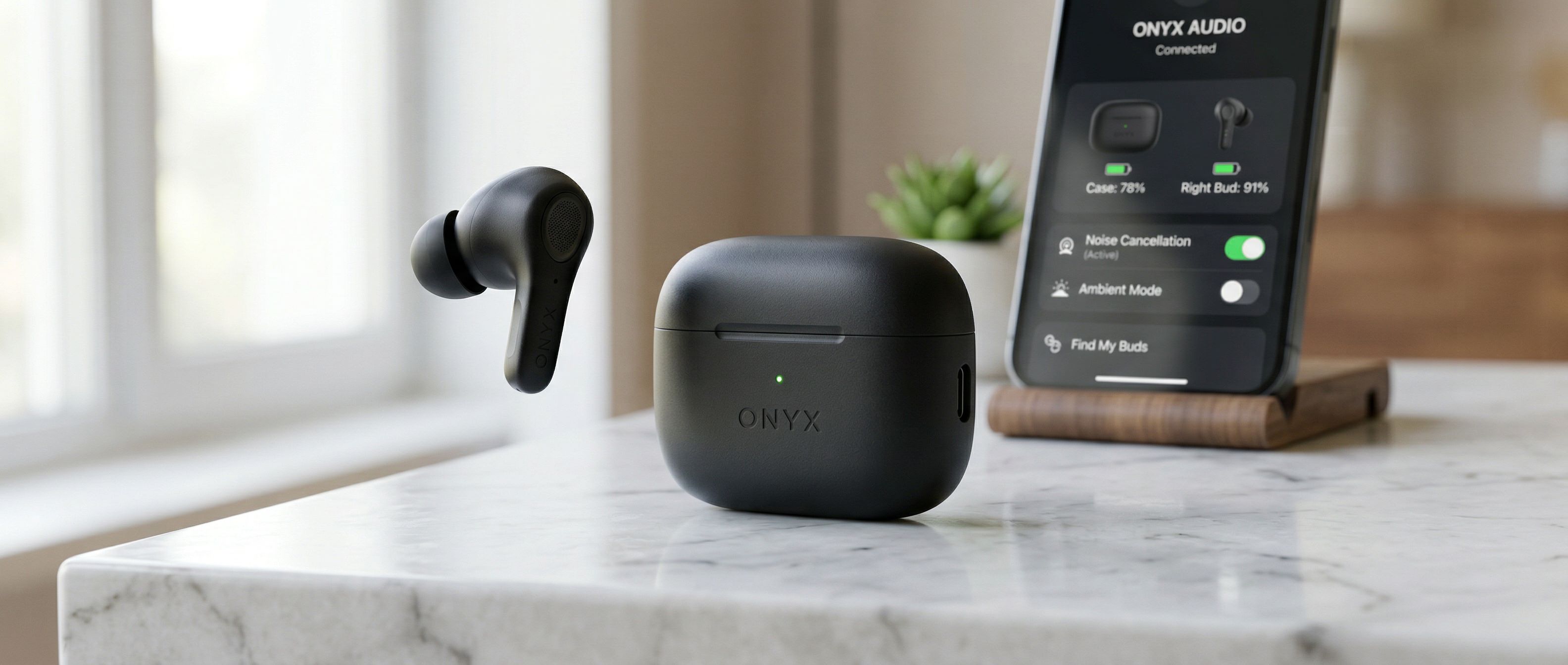 A photorealistic product mockup scene: a sleek matte-black wireless earbud case